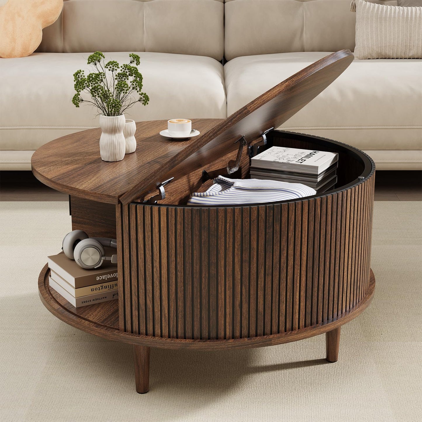 Round Coffee Table with Storage, Mid Century Modern Coffee Table, Fluted Dining Table with Sliding Door, Circle Coffee Table for Living Room Home Office, 31.5", Oak