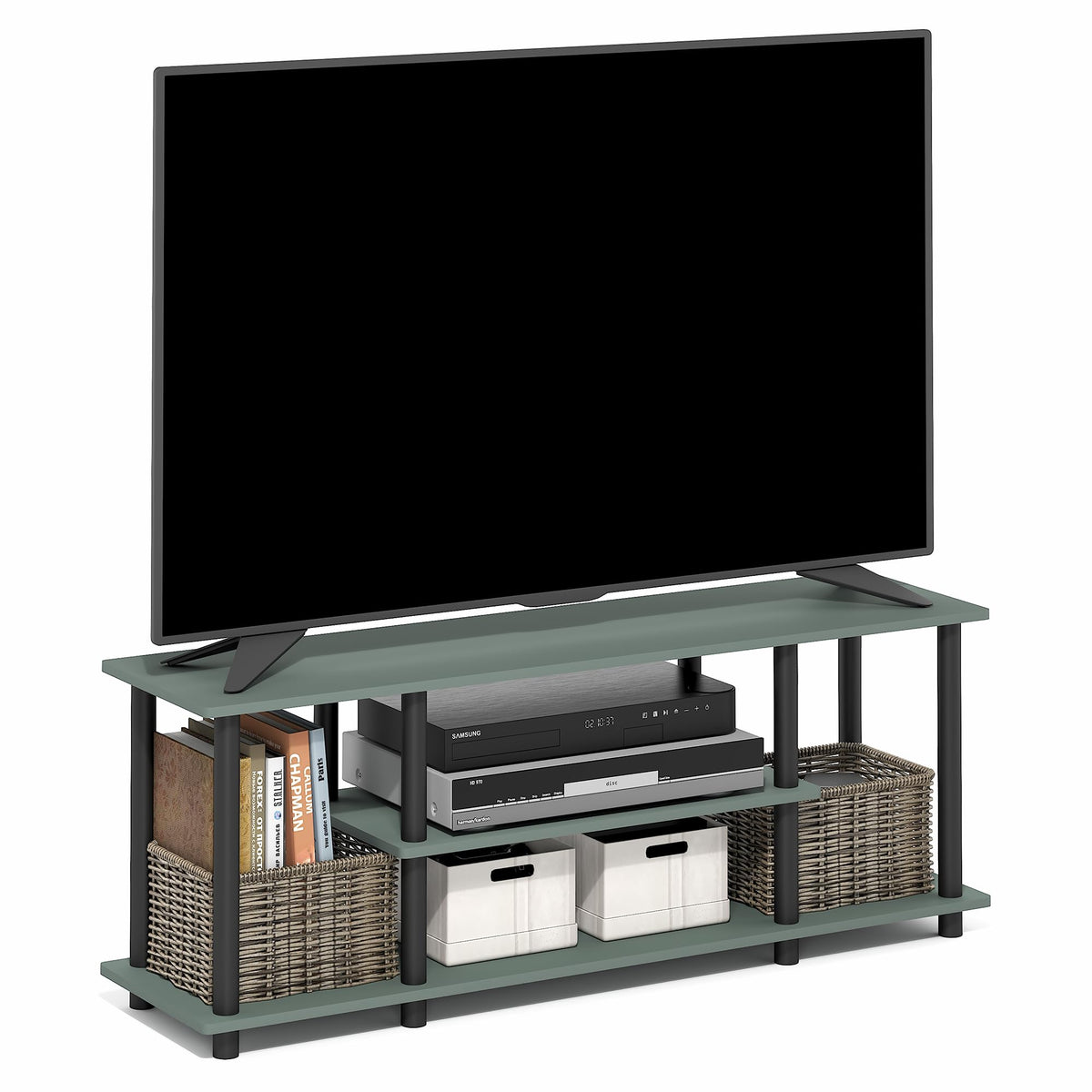 Furinno Turn-N-Tube No Tools 3D 3-Tier Entertainment TV Stand up to 50 inch TV, Round Tubes, Dark Brown / Black