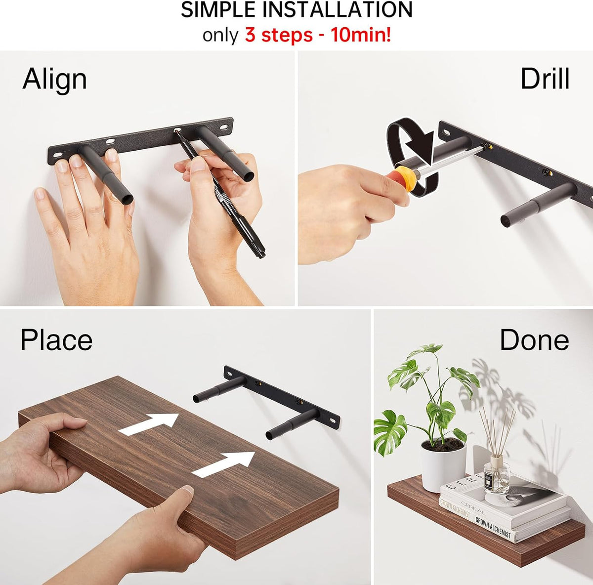 BAYKA Walnut-Like Floating Shelves 15.7in, 3 Pack, Wall Mounted Wall Decor
