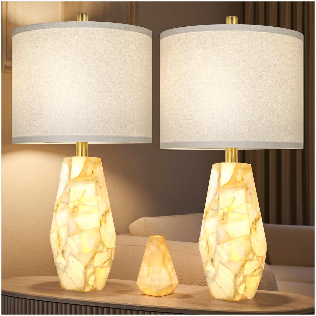 Scenekoy 23" Alabaster Table Lamp Set of 2 with Night Light for Living Room