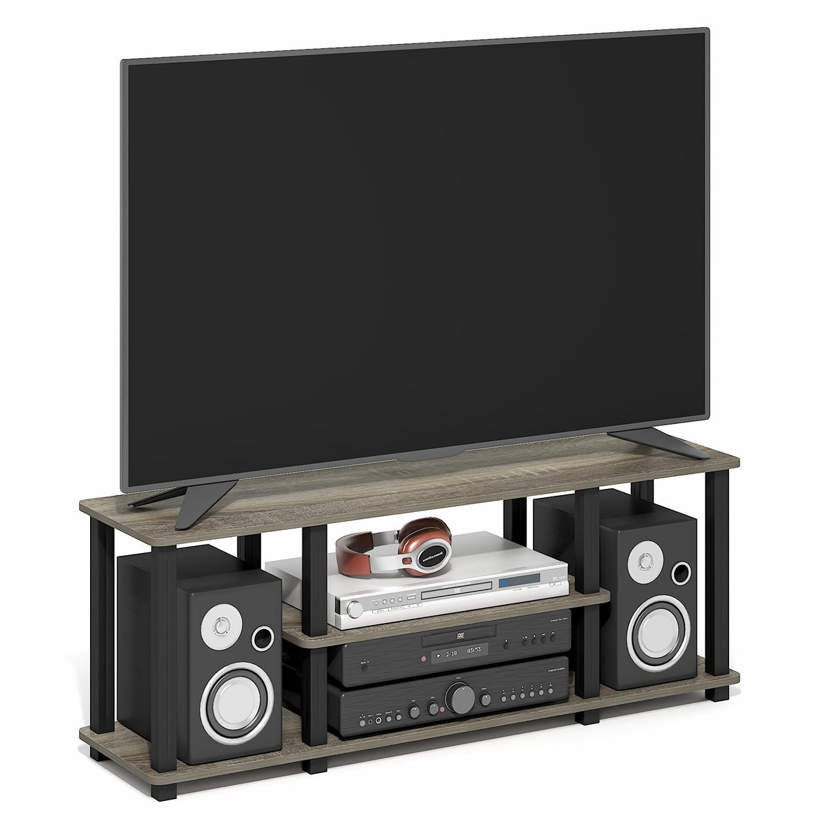 Furinno Turn-N-Tube No Tools 3D 3-Tier Entertainment TV Stand up to 50 inch TV, Round Tubes, Dark Brown / Black