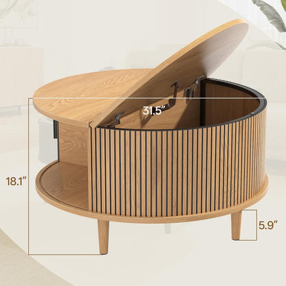 Round Coffee Table with Storage, Mid Century Modern Coffee Table, Fluted Dining Table with Sliding Door, Circle Coffee Table for Living Room Home Office, 31.5", Oak