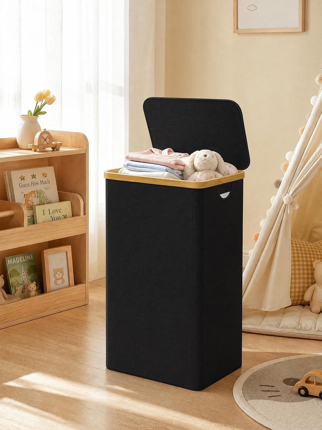 IEGrow Laundry Hamper with Lid,110L Laundry Basket with Mesh Bags,Black