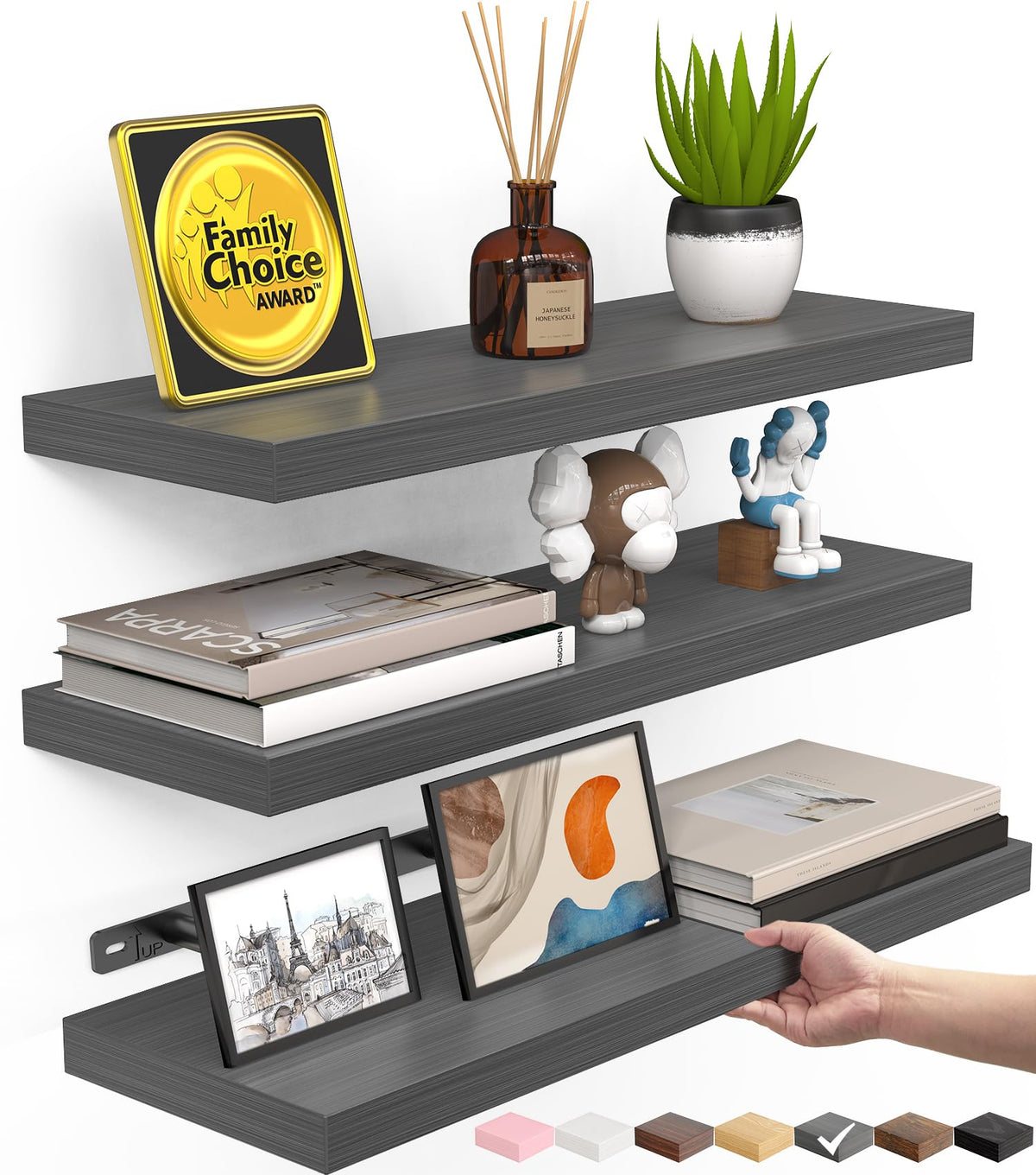 BAYKA Walnut-Like Floating Shelves 15.7in, 3 Pack, Wall Mounted Wall Decor