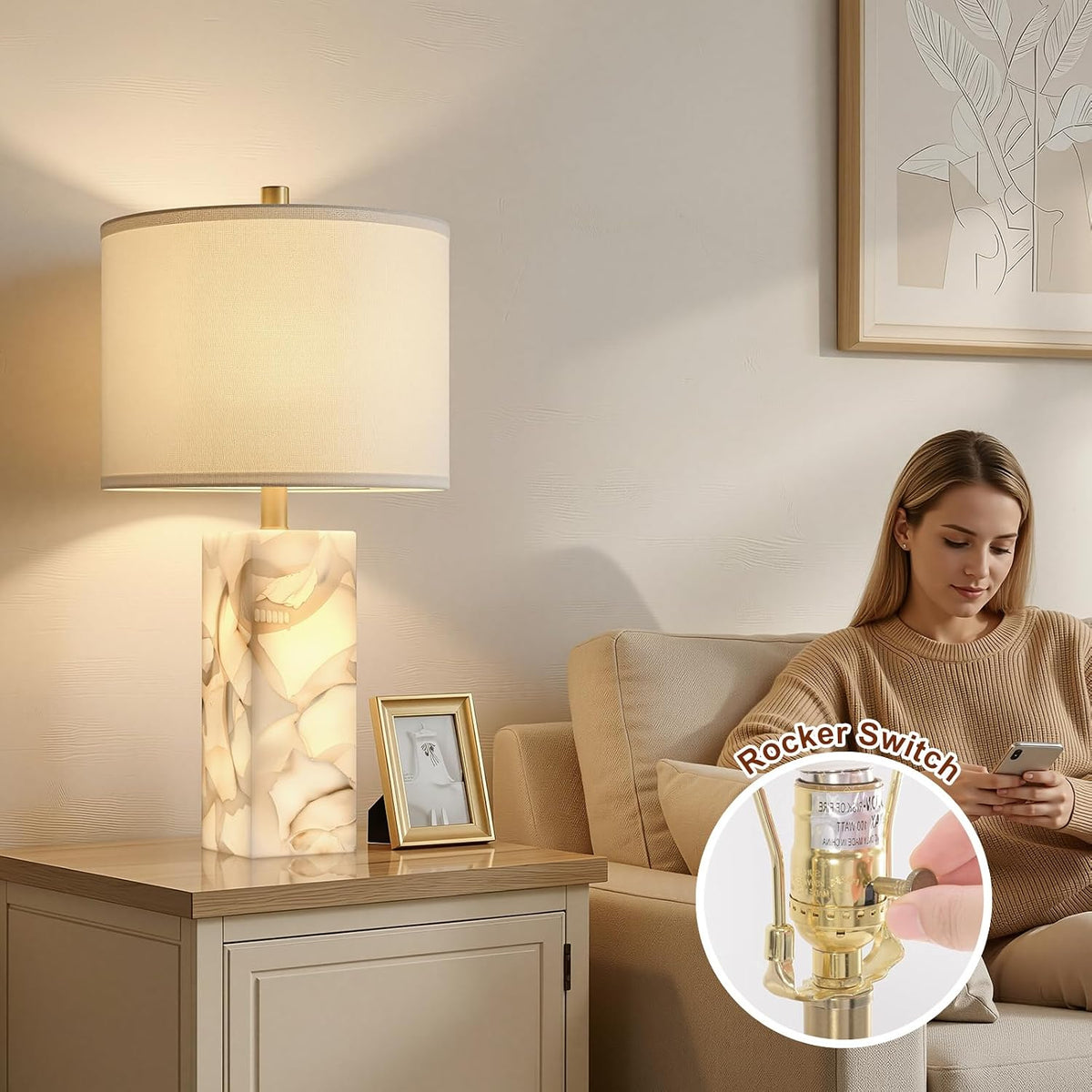 Scenekoy 23" Alabaster Table Lamp Set of 2 with Night Light for Living Room