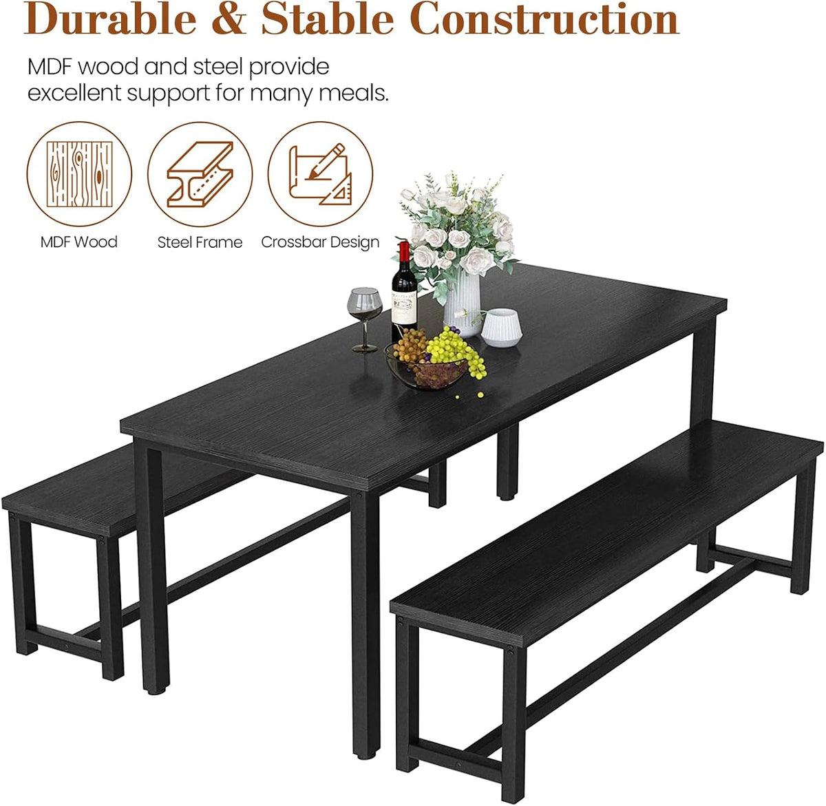 DKLGG Dining Table Set for 4, Wooden Kitchen Table with 2 Dining Bench