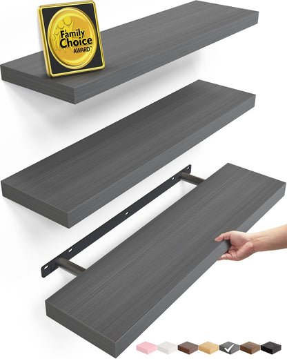 BAYKA Walnut-Like Floating Shelves 15.7in, 3 Pack, Wall Mounted Wall Decor