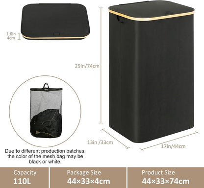 IEGrow Laundry Hamper with Lid,110L Laundry Basket with Mesh Bags,Black
