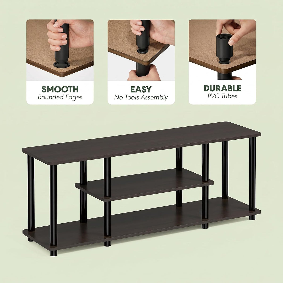 Furinno Turn-N-Tube No Tools 3D 3-Tier Entertainment TV Stand up to 50 inch TV, Round Tubes, Dark Brown / Black