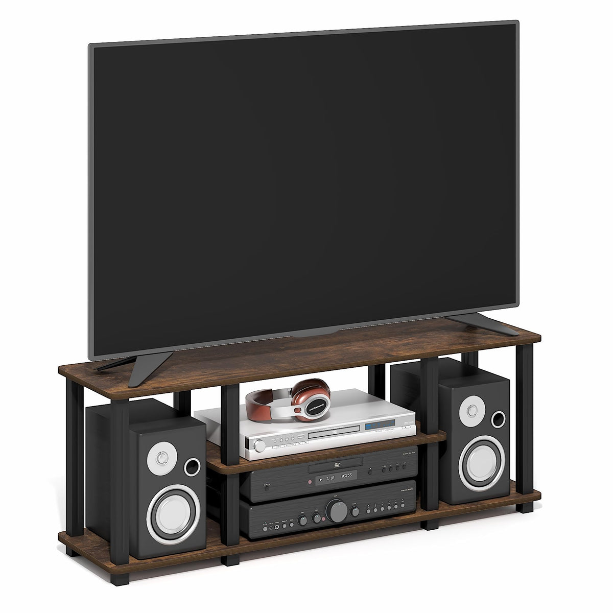 Furinno Turn-N-Tube No Tools 3D 3-Tier Entertainment TV Stand up to 50 inch TV, Round Tubes, Dark Brown / Black