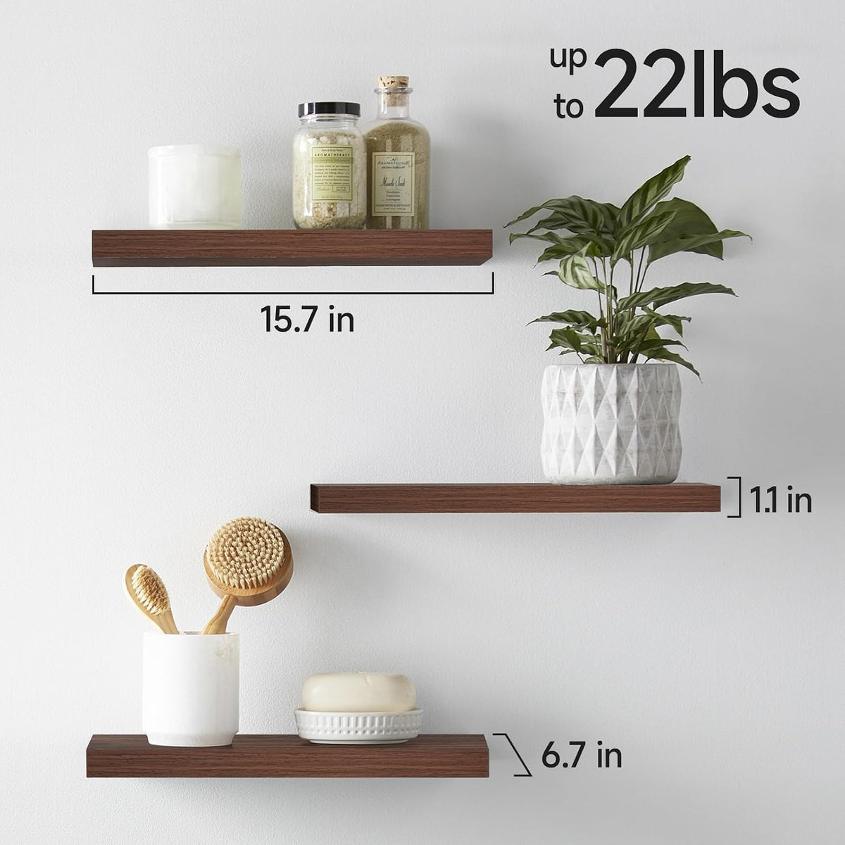 BAYKA Walnut-Like Floating Shelves 15.7in, 3 Pack, Wall Mounted Wall Decor