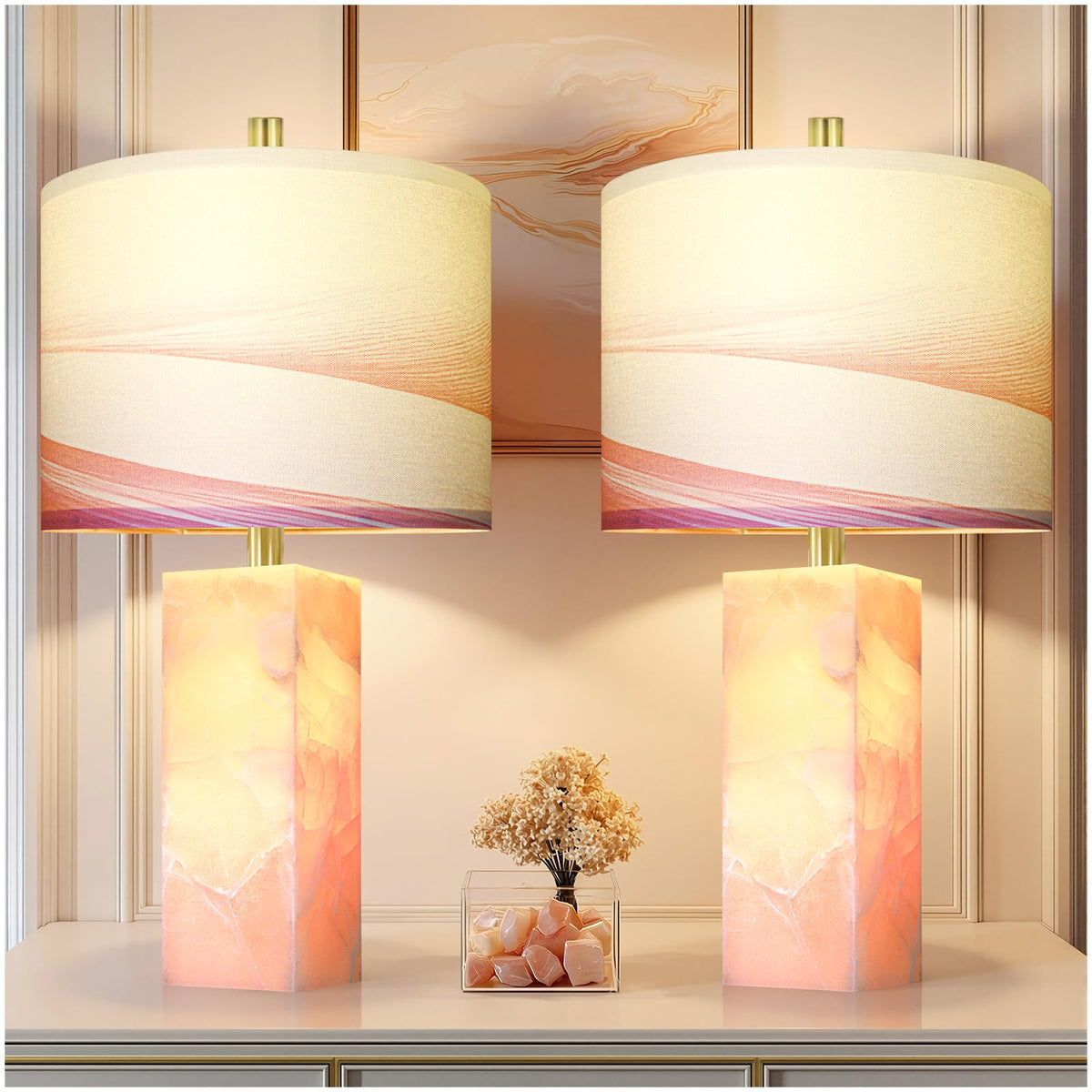 Scenekoy 23" Alabaster Table Lamp Set of 2 with Night Light for Living Room