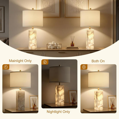 Scenekoy 23" Alabaster Table Lamp Set of 2 with Night Light for Living Room