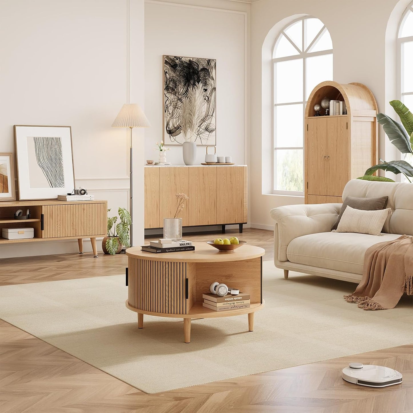 Round Coffee Table with Storage, Mid Century Modern Coffee Table, Fluted Dining Table with Sliding Door, Circle Coffee Table for Living Room Home Office, 31.5", Oak