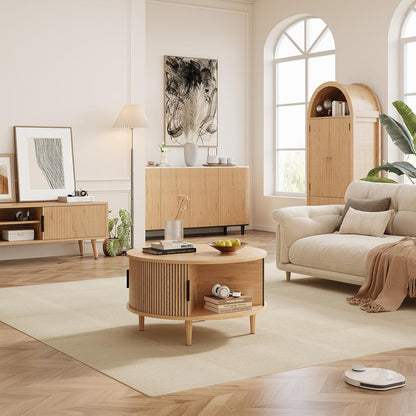 Round Coffee Table with Storage, Mid Century Modern Coffee Table, Fluted Dining Table with Sliding Door, Circle Coffee Table for Living Room Home Office, 31.5", Oak