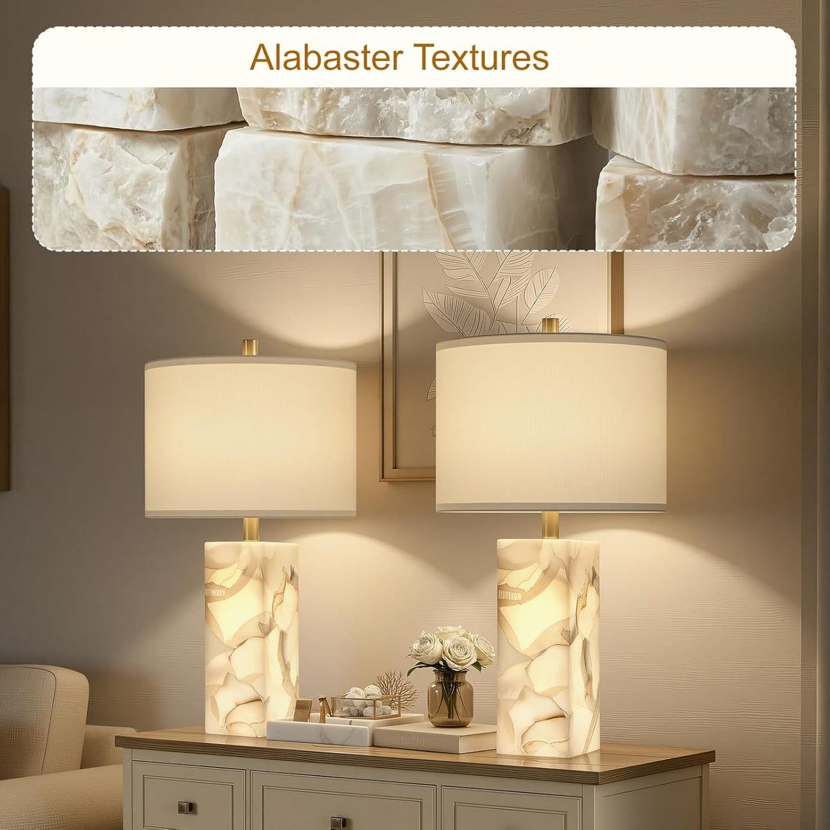 Scenekoy 23" Alabaster Table Lamp Set of 2 with Night Light for Living Room