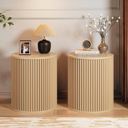 AVZEAR Small Round Side Table Fluted Night Stand Set of 2, 17.7" Mid Century Modern End Table, Circle Bedside Tables Wood Nightstands for Small Spaces, Living Room, Bedroom (Rustic Walnut)