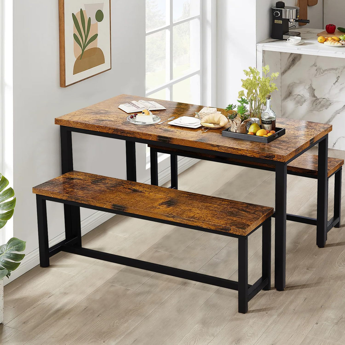 DKLGG Dining Table Set for 4, Wooden Kitchen Table with 2 Dining Bench