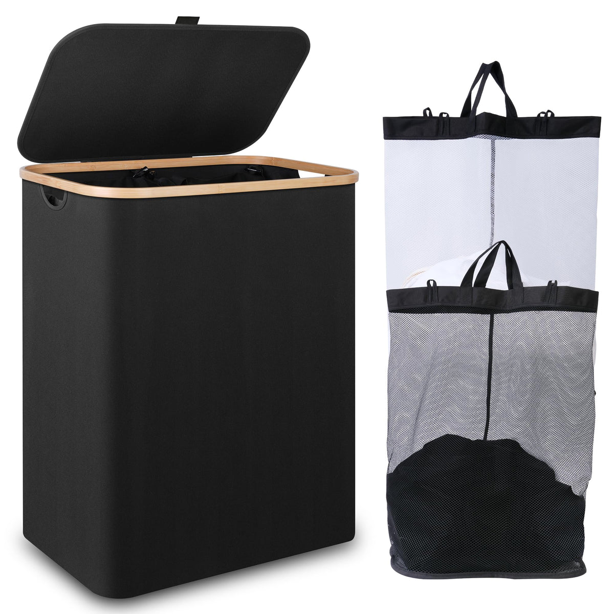 IEGrow Laundry Hamper with Lid,110L Laundry Basket with Mesh Bags,Black