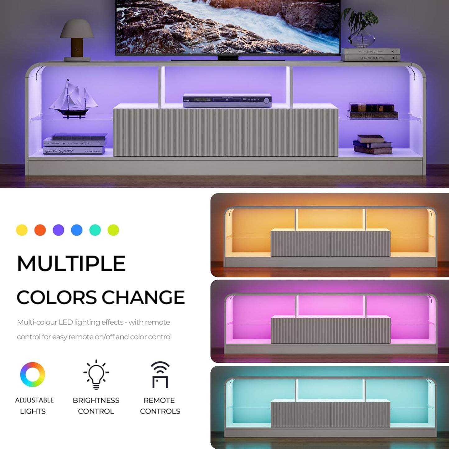 TV Stand for 60/65/70 Inch TVs, Modern Curved TV Console with LED Lights, 2 Drawers & Glass Shelves, Living Room Entertainment Center