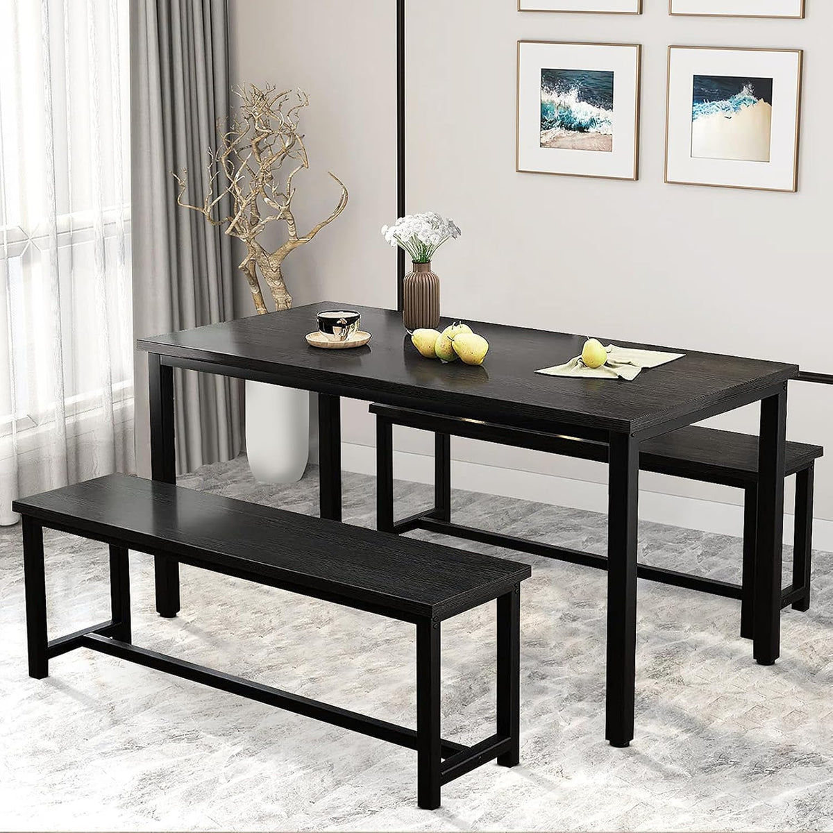 DKLGG Dining Table Set for 4, Wooden Kitchen Table with 2 Dining Bench