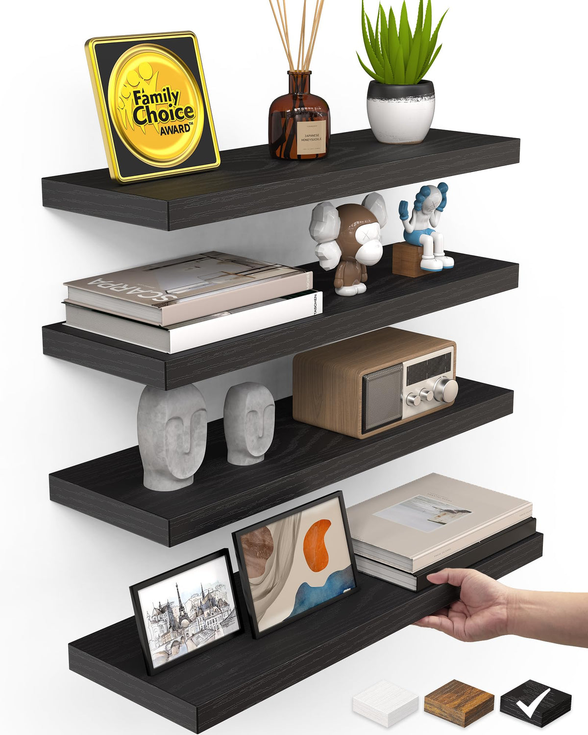 BAYKA Walnut-Like Floating Shelves 15.7in, 3 Pack, Wall Mounted Wall Decor