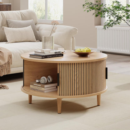 Round Coffee Table with Storage, Mid Century Modern Coffee Table, Fluted Dining Table with Sliding Door, Circle Coffee Table for Living Room Home Office, 31.5", Oak