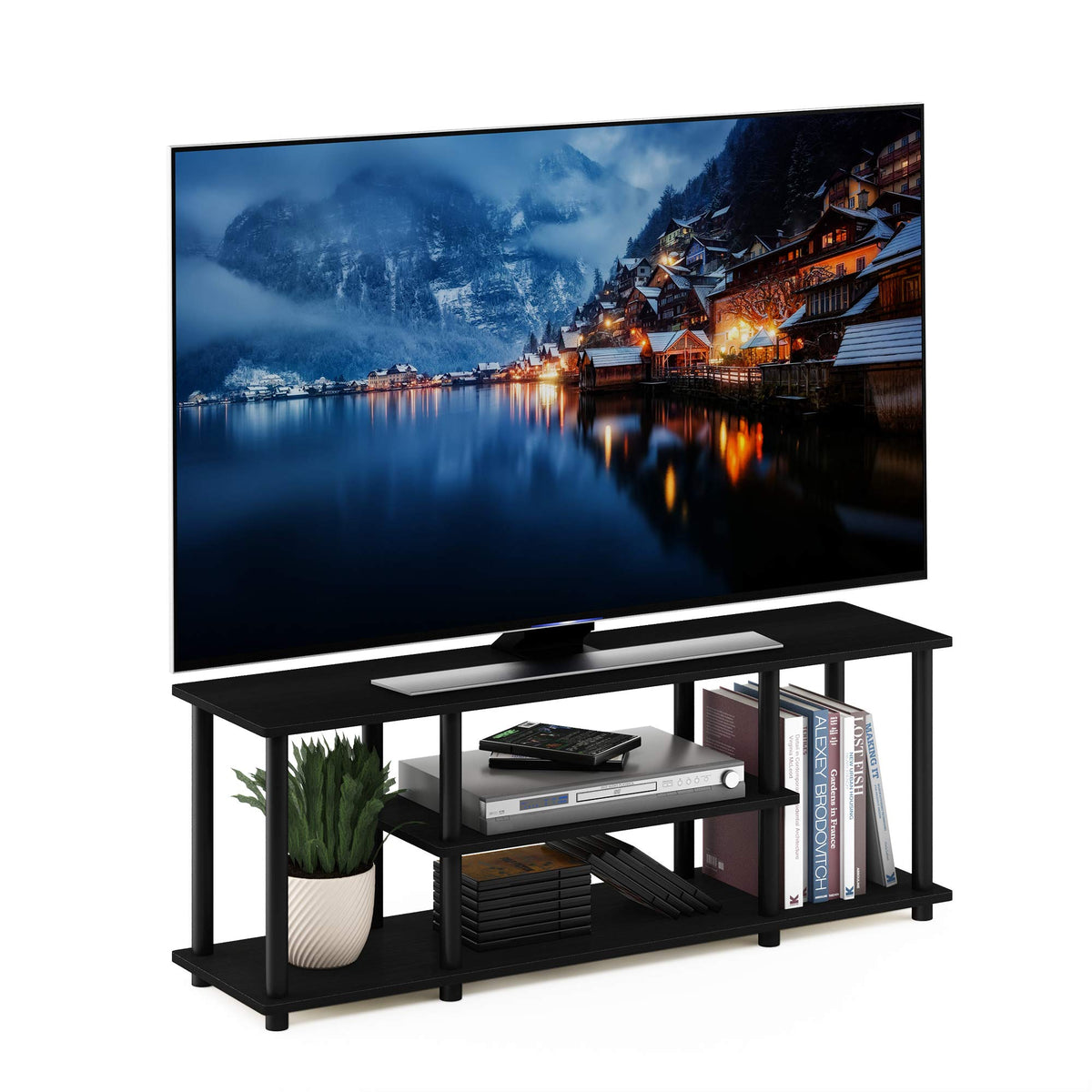 Furinno Turn-N-Tube No Tools 3D 3-Tier Entertainment TV Stand up to 50 inch TV, Round Tubes, Dark Brown / Black