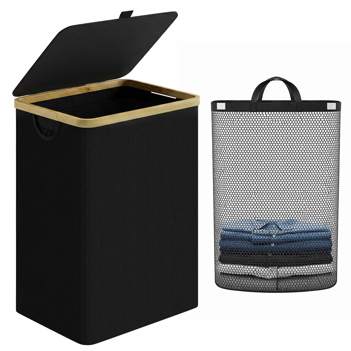 IEGrow Laundry Hamper with Lid,110L Laundry Basket with Mesh Bags,Black