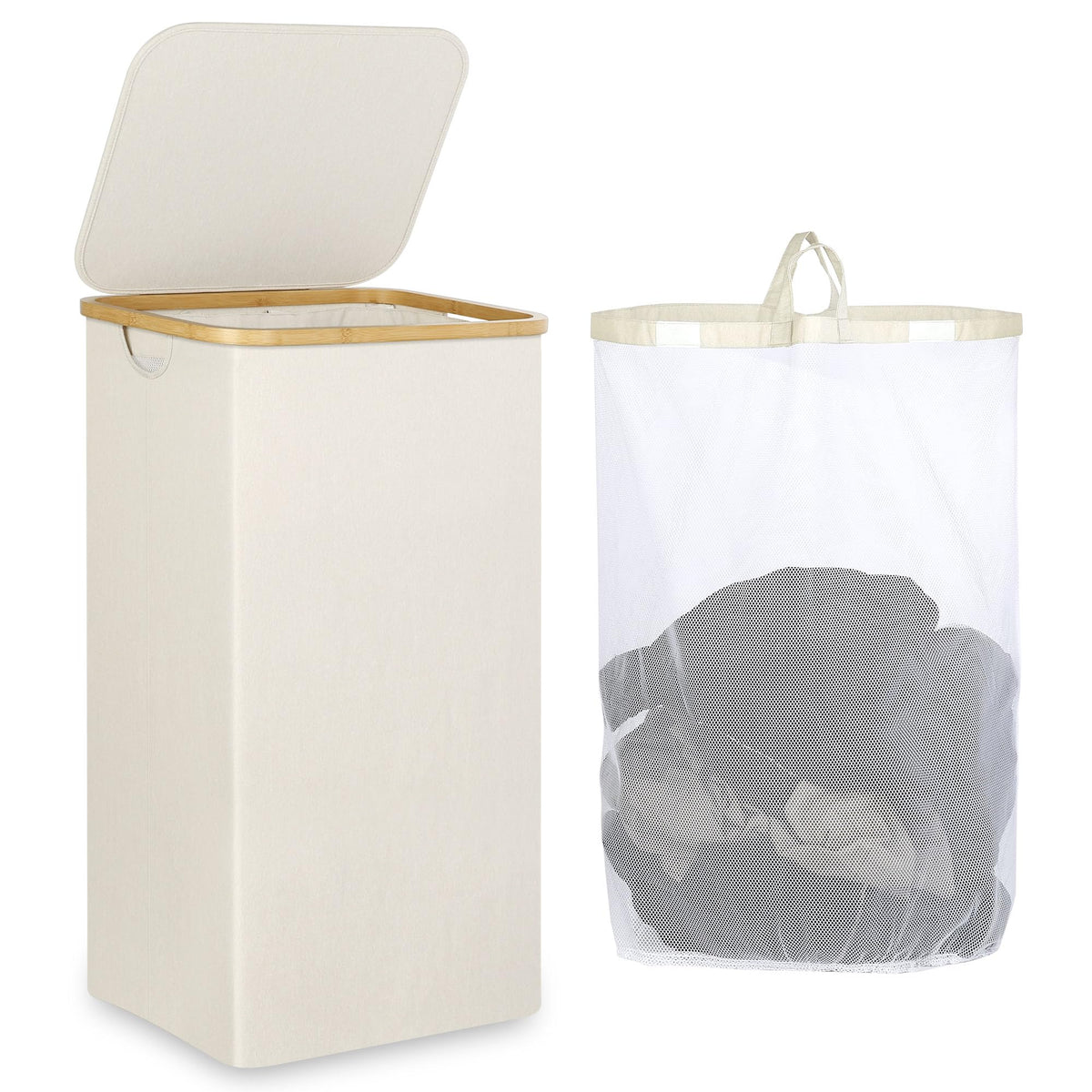 IEGrow Laundry Hamper with Lid,110L Laundry Basket with Mesh Bags,Black
