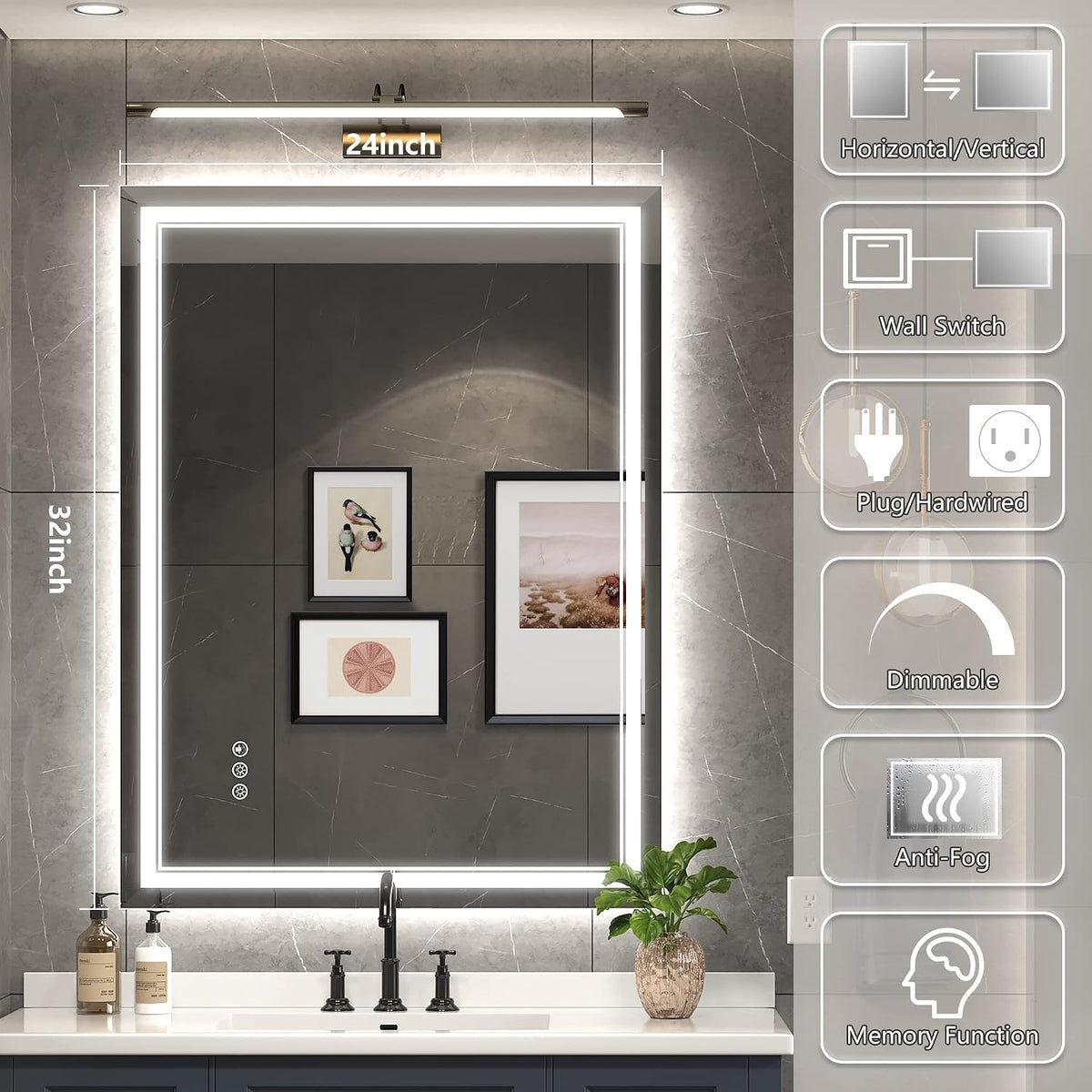 Ratsamee 24x32 LED Bathroom Mirror with Lights, Backlit+Front Lit, Anti-Fog