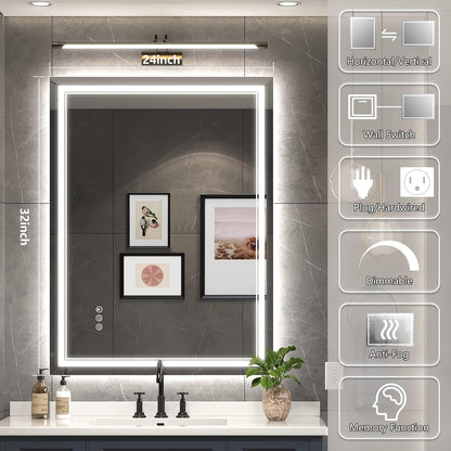 Ratsamee 24x32 LED Bathroom Mirror with Lights, Backlit+Front Lit, Anti-Fog