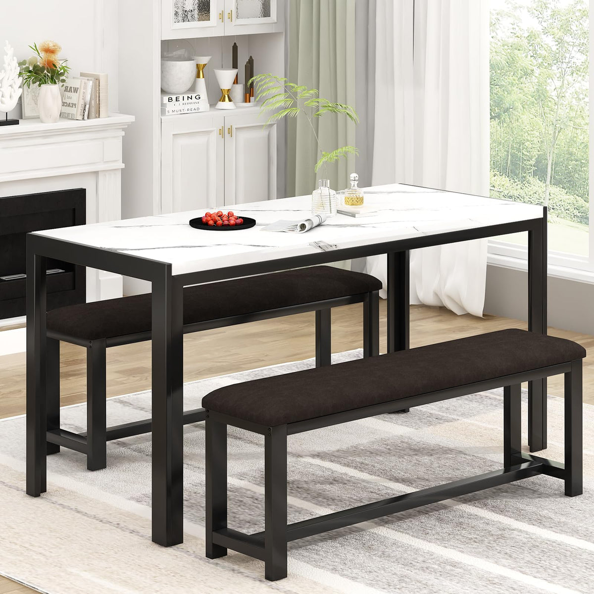 DKLGG Dining Table Set for 4, Wooden Kitchen Table with 2 Dining Bench