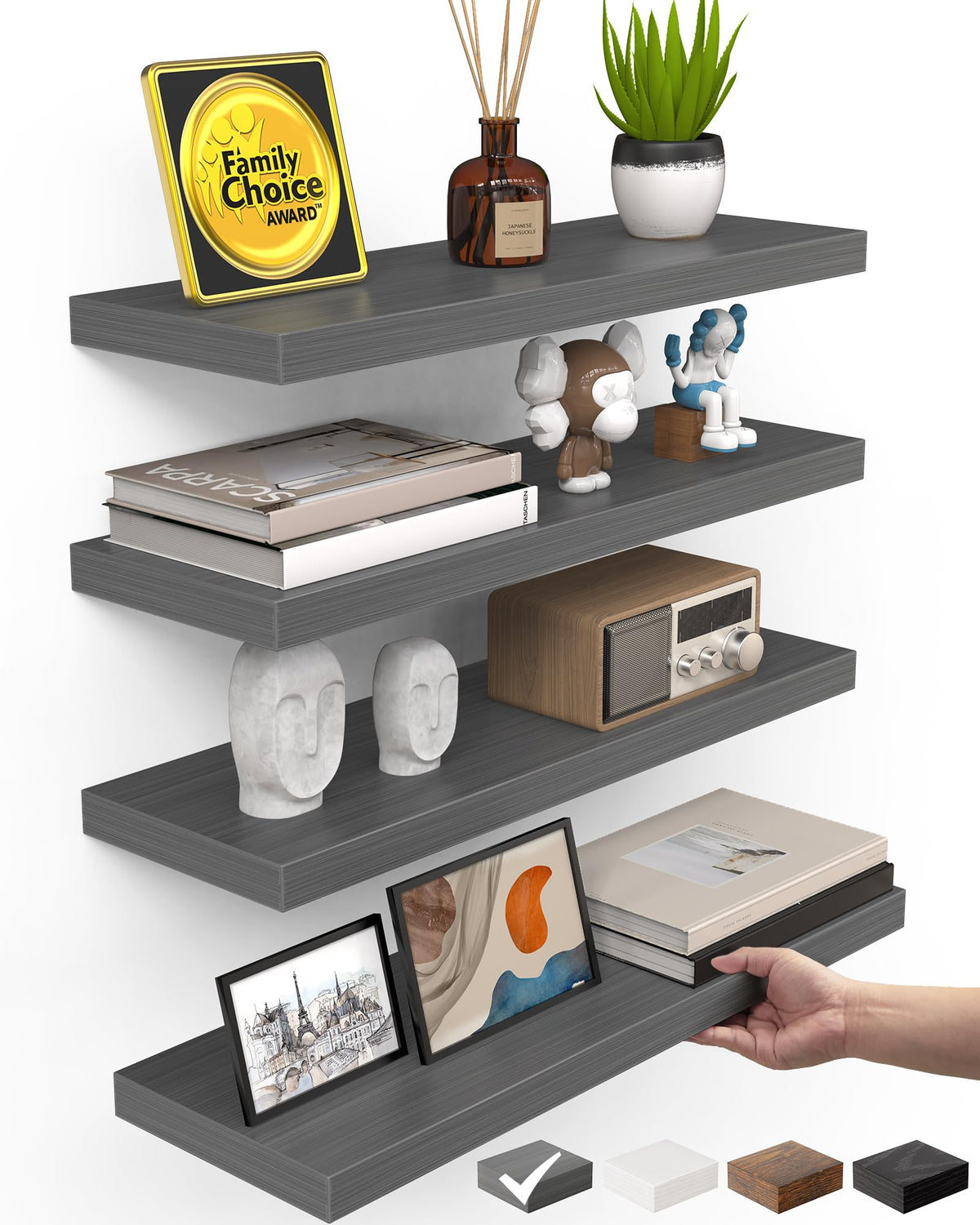 BAYKA Walnut-Like Floating Shelves 15.7in, 3 Pack, Wall Mounted Wall Decor