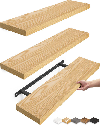 BAYKA Walnut-Like Floating Shelves 15.7in, 3 Pack, Wall Mounted Wall Decor