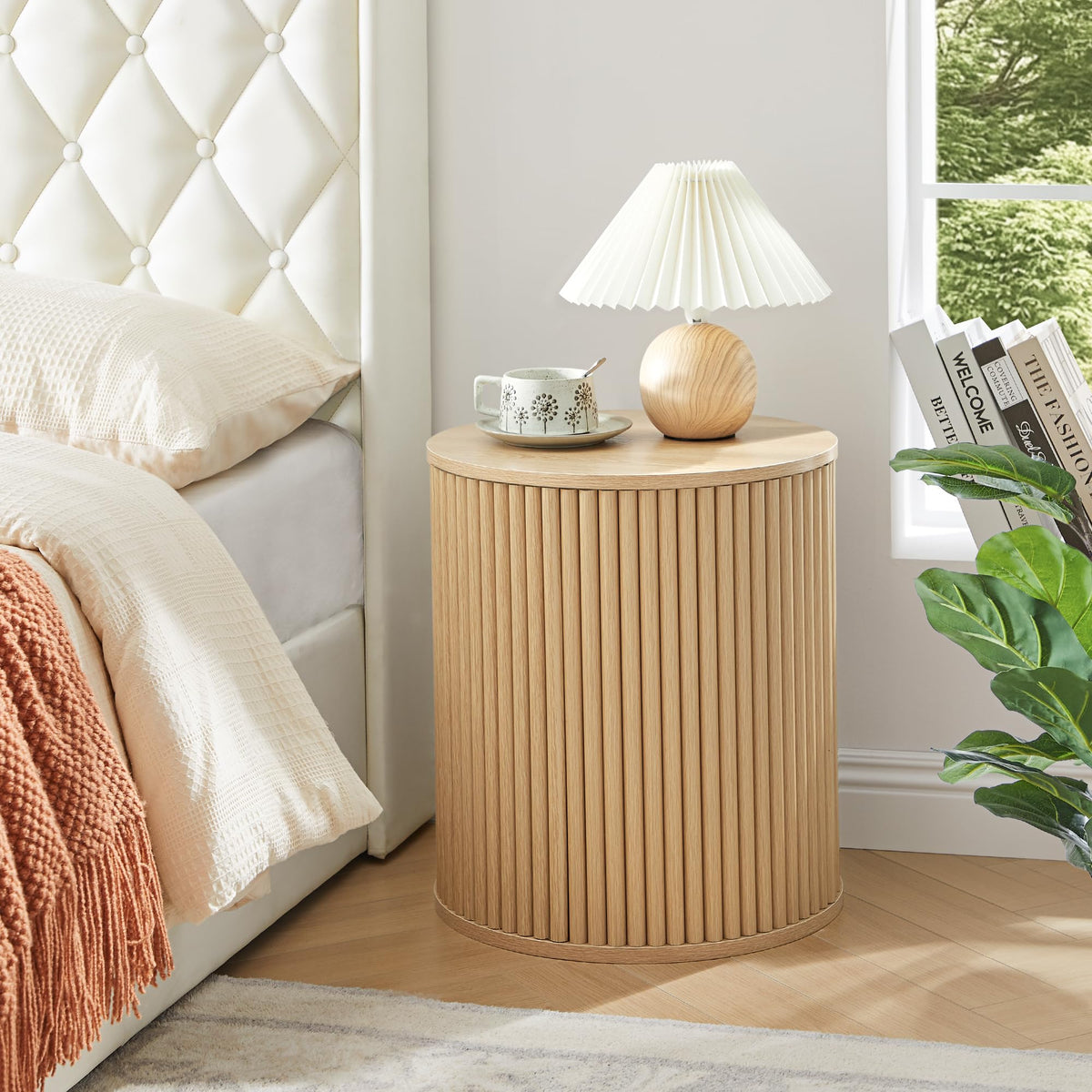 AVZEAR Small Round Side Table Fluted Night Stand Set of 2, 17.7" Mid Century Modern End Table, Circle Bedside Tables Wood Nightstands for Small Spaces, Living Room, Bedroom (Rustic Walnut)