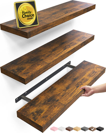 BAYKA Walnut-Like Floating Shelves 15.7in, 3 Pack, Wall Mounted Wall Decor