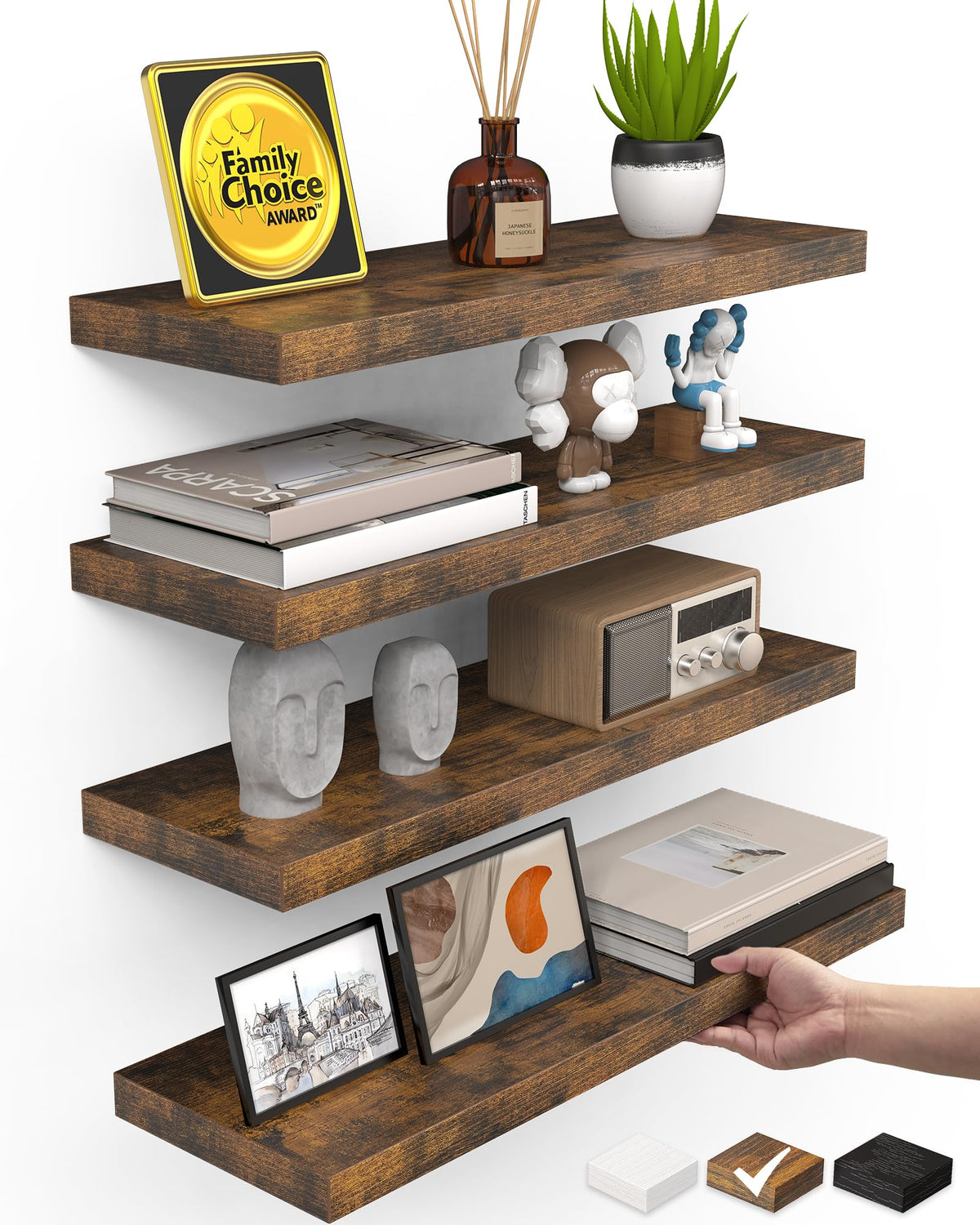 BAYKA Walnut-Like Floating Shelves 15.7in, 3 Pack, Wall Mounted Wall Decor