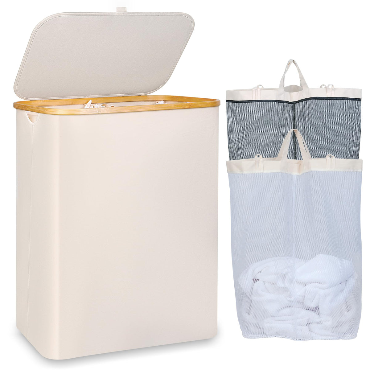 IEGrow Laundry Hamper with Lid,110L Laundry Basket with Mesh Bags,Black