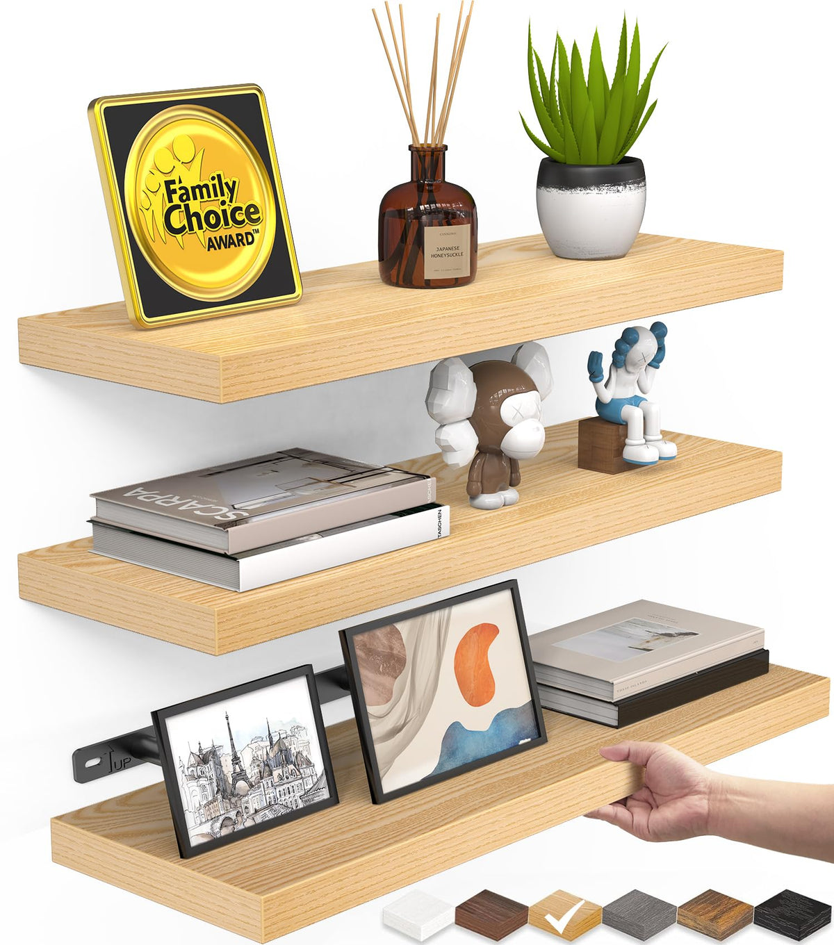 BAYKA Walnut-Like Floating Shelves 15.7in, 3 Pack, Wall Mounted Wall Decor