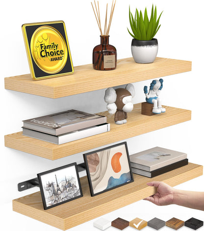 BAYKA Walnut-Like Floating Shelves 15.7in, 3 Pack, Wall Mounted Wall Decor