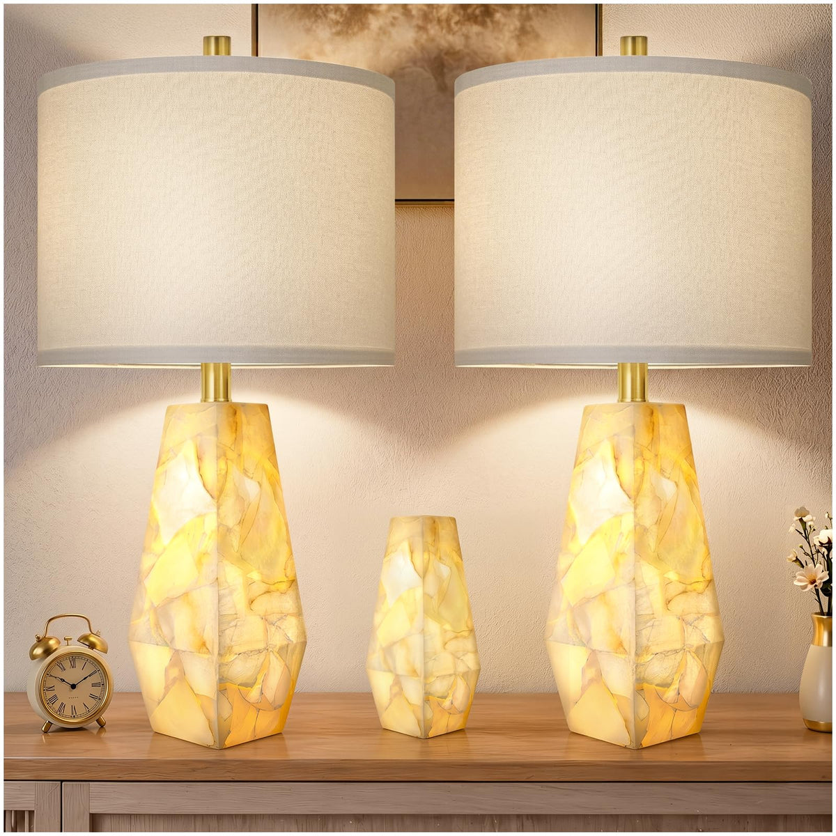 Scenekoy 23" Alabaster Table Lamp Set of 2 with Night Light for Living Room