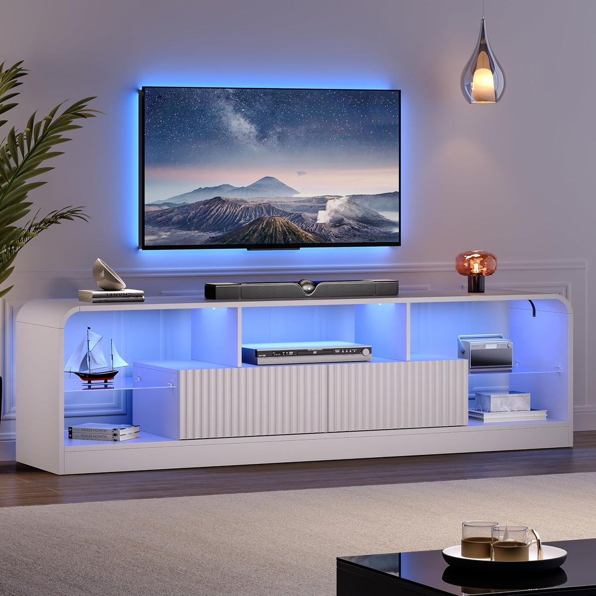 TV Stand for 60/65/70 Inch TVs, Modern Curved TV Console with LED Lights, 2 Drawers & Glass Shelves, Living Room Entertainment Center