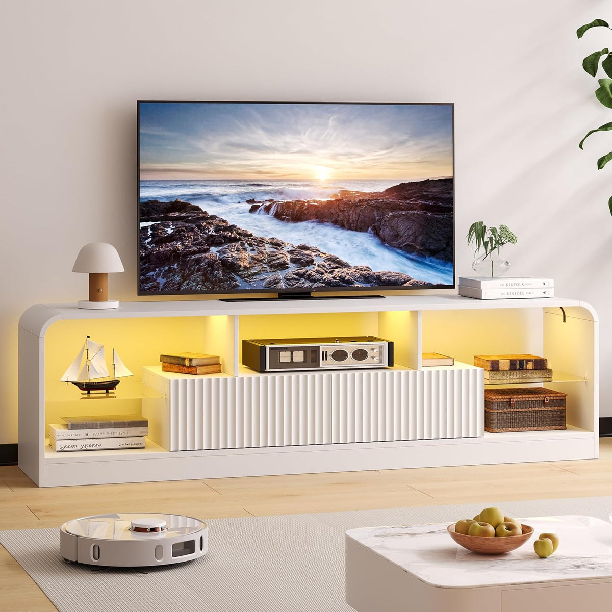 TV Stand for 60/65/70 Inch TVs, Modern Curved TV Console with LED Lights, 2 Drawers & Glass Shelves, Living Room Entertainment Center