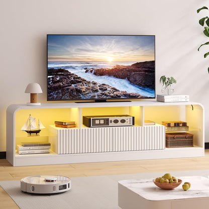TV Stand for 60/65/70 Inch TVs, Modern Curved TV Console with LED Lights, 2 Drawers & Glass Shelves, Living Room Entertainment Center