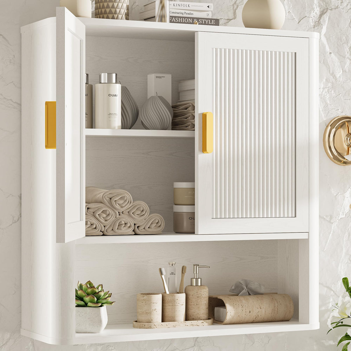INNOD Rattan Bathroom Wall Cabinet with Towel Bar, Wall-Mounted Medicine Cabinet with Adjustable Wood Shelf & Doors, Over the Toilet Storage Cabinet for Laundry Room & Kitchen & Living Room