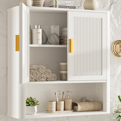 INNOD Rattan Bathroom Wall Cabinet with Towel Bar, Wall-Mounted Medicine Cabinet with Adjustable Wood Shelf & Doors, Over the Toilet Storage Cabinet for Laundry Room & Kitchen & Living Room