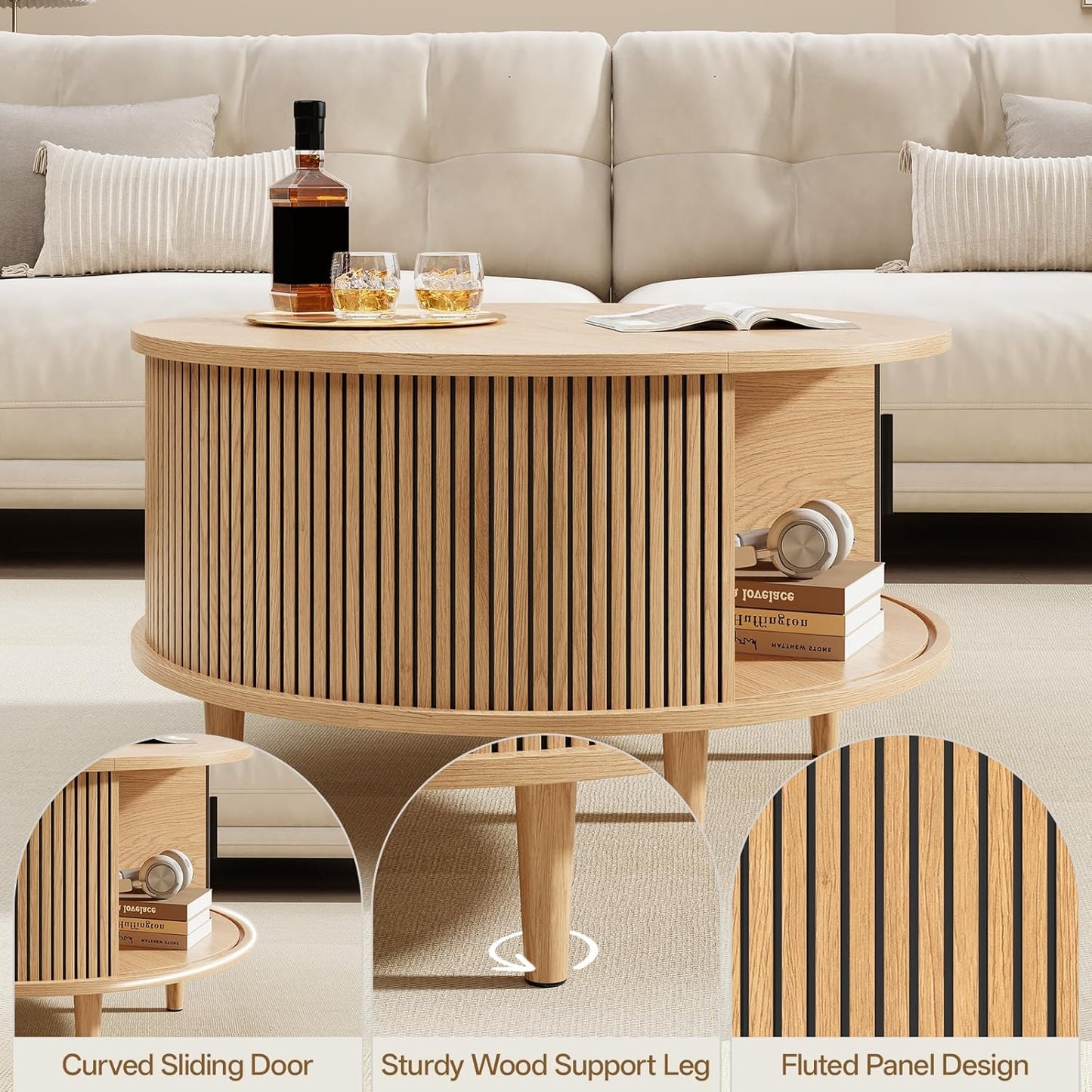 Round Coffee Table with Storage, Mid Century Modern Coffee Table, Fluted Dining Table with Sliding Door, Circle Coffee Table for Living Room Home Office, 31.5", Oak