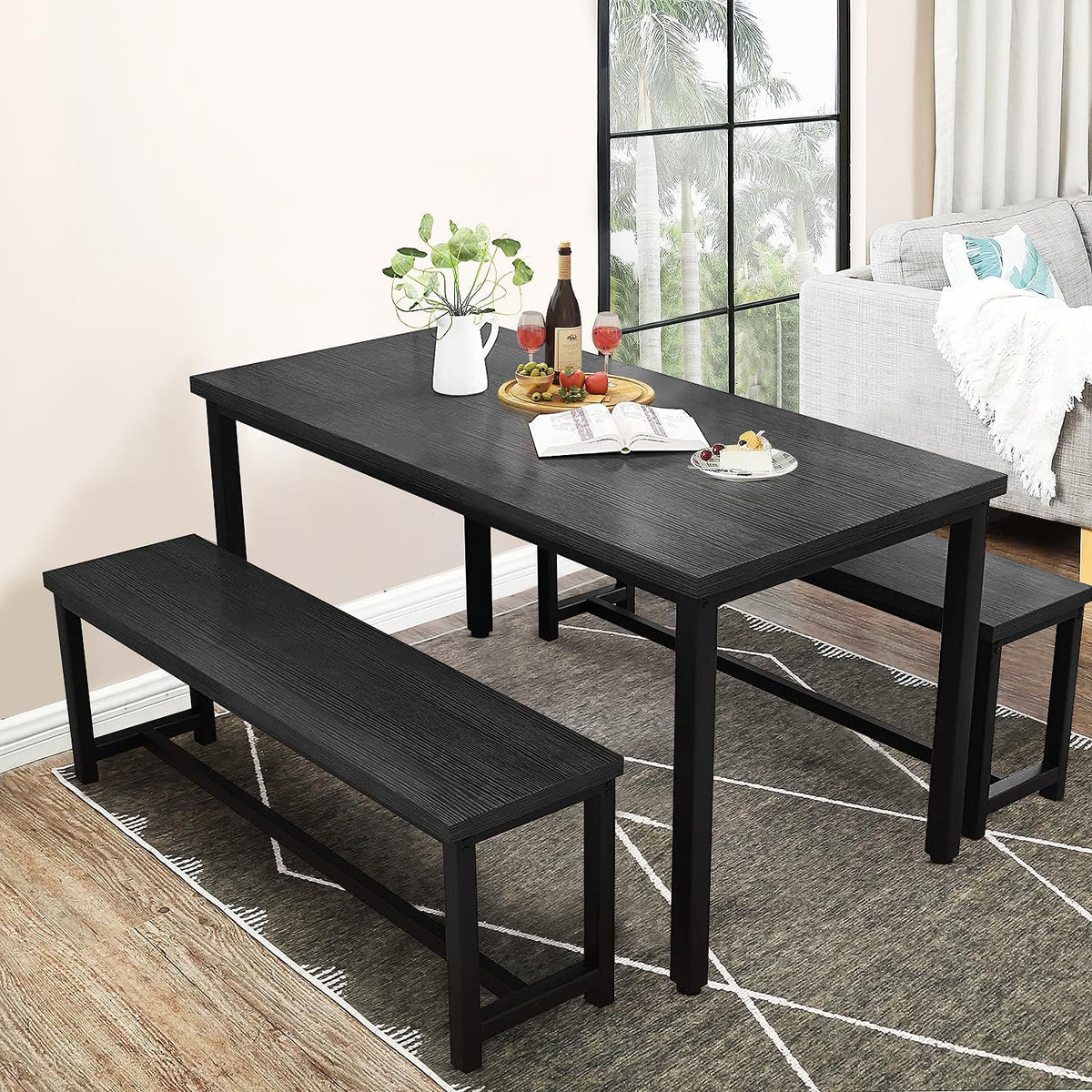 DKLGG Dining Table Set for 4, Wooden Kitchen Table with 2 Dining Bench