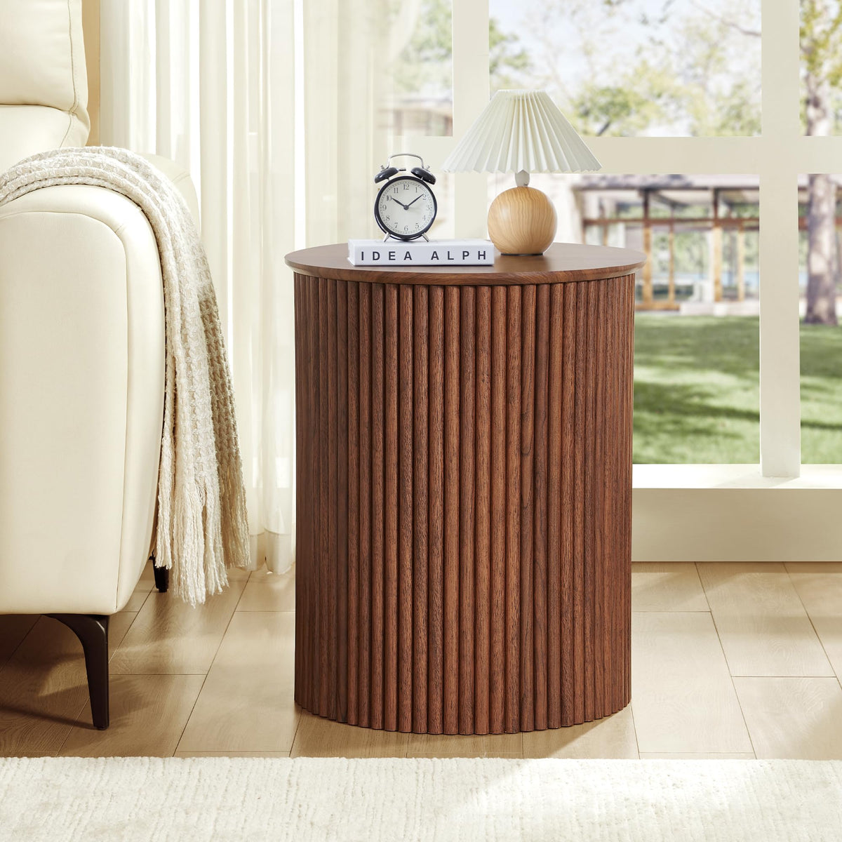 AVZEAR Small Round Side Table Fluted Night Stand Set of 2, 17.7" Mid Century Modern End Table, Circle Bedside Tables Wood Nightstands for Small Spaces, Living Room, Bedroom (Rustic Walnut)